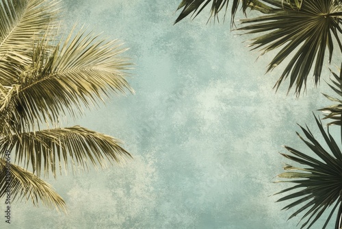 Tropical palm leaves frame, textured sky, summer design