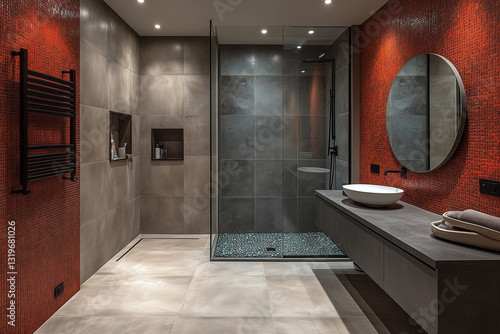 Dark Grey Bathroom with Red Accents & Glass Shower
