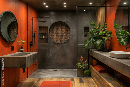 Modern Industrial Bathroom with Circular Wall Art & Plants