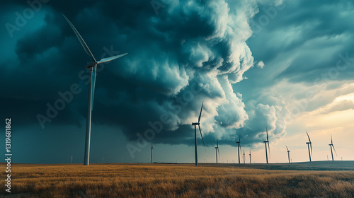 Dark storm clouds over wind turbines in a field