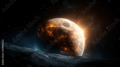 Fototapeta Naklejka Na Ścianę i Meble -  An awe-inspiring view of a distant planet with a fiery surface and glowing atmosphere, portraying the mystique and wonder of outer space and celestial bodies in the universe.