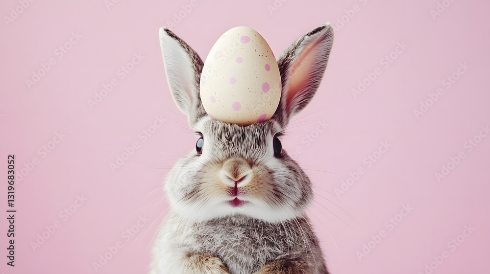 Fototapeta premium A cute Easter bunny with an Easter egg on its head on a pastel background.