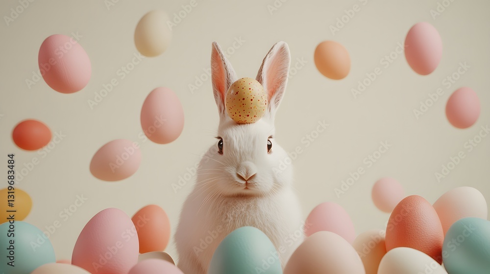 Fototapeta premium A cute Easter bunny with an Easter egg on its head on a pastel background.