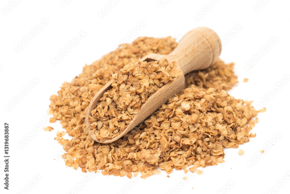 Buckwheat flakes in a wooden pot on a white background, healthy organic food concept Buckwheat flakes in a wooden pot on a white background, healthy organic food concept