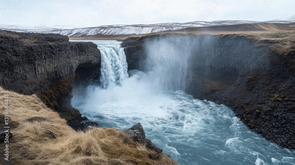 Majestic Icelandic Waterfall Cascading into a Turbulent River Surrounded by Dramatic Cliffs and Winter Scenery Under a Gloomy Sky Majestic Icelandic Waterfall Cascading into a Turbulent River Surrounded by Dramatic Cliffs and Winter Scenery Under a Gloomy Sky