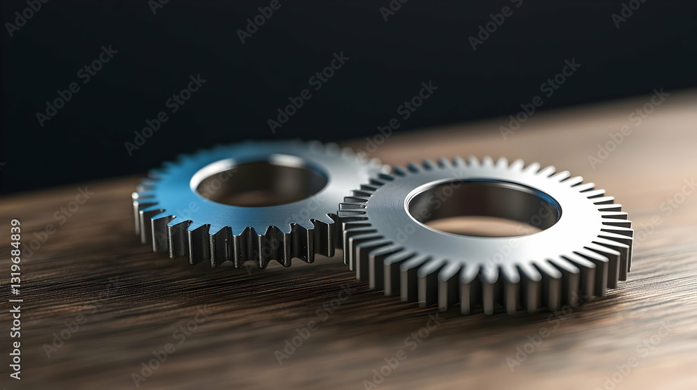 Two Interlocking Metal Gears On A Dark Wooden Table In A Close-Up Shot With Soft Lighting Highlighting Metallic Shine Two Interlocking Metal Gears On A Dark Wooden Table In A Close-Up Shot With Soft Lighting Highlighting Metallic Shine