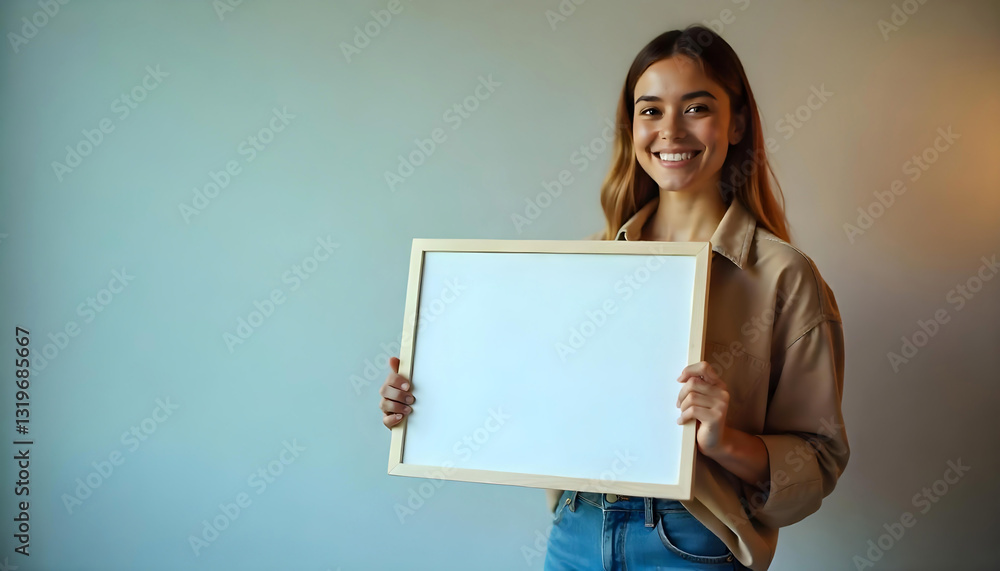 Young Woman Holding Empty Board with Copy Space Young Woman Holding Empty Board with Copy Space