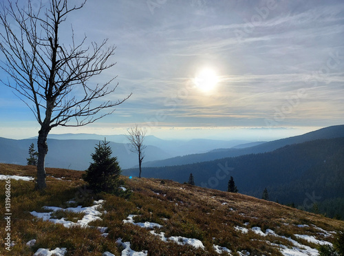 Obraz na płótnie mountains in Slovenia. Winter landscape with bright sun. View form Pohorje mountains to horizon w salonie