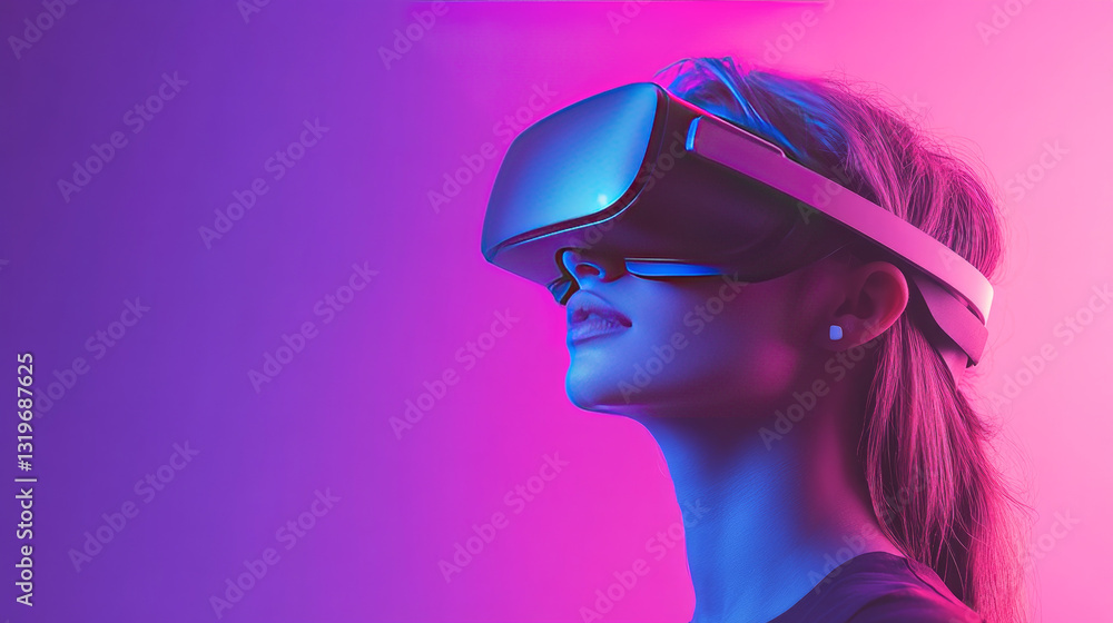 Notion of metaverse technology. Virtual reality goggles on a woman. Futuristic way of life. Notion of metaverse technology. Virtual reality goggles on a woman. Futuristic way of life.