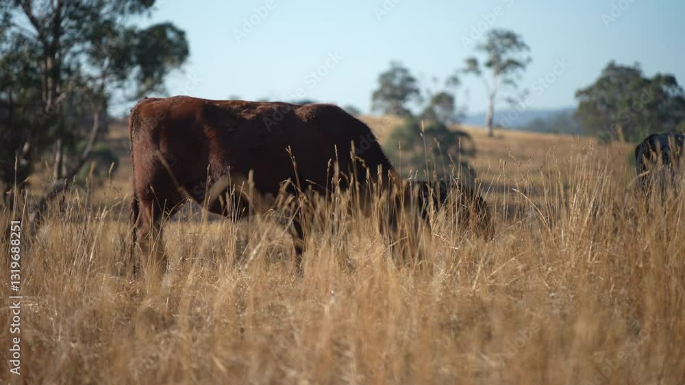 Stud beef cows in a field on a farm in England. English cattle in a meadow grazing on pasture in springtime. Green grass growing in a paddock on a sustainable agricultural ranch. Stud beef cows in a field on a farm in England. English cattle in a meadow grazing on pasture in springtime. Green grass growing in a paddock on a sustainable agricultural ranch.
