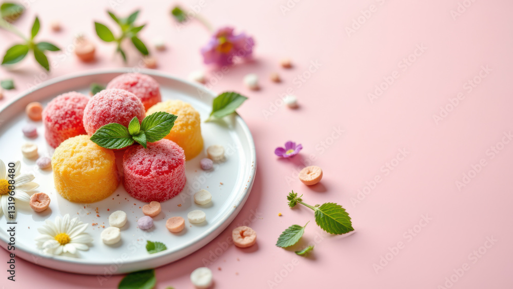 A plate with colorful dye-free candies topped with mint leaves on a pink floral background. A plate with colorful dye-free candies topped with mint leaves on a pink floral background.