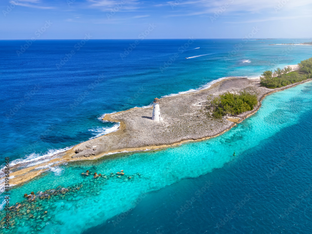 Aerial view of the Nassau Harbour Lighthouse on Paradise island, New Providence, Bahamas, Caribbean Sea