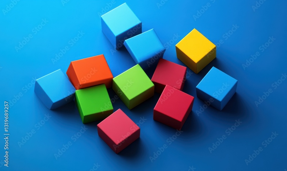 Colorful cubes scattered on blue background. Colorful cubes scattered on blue background.