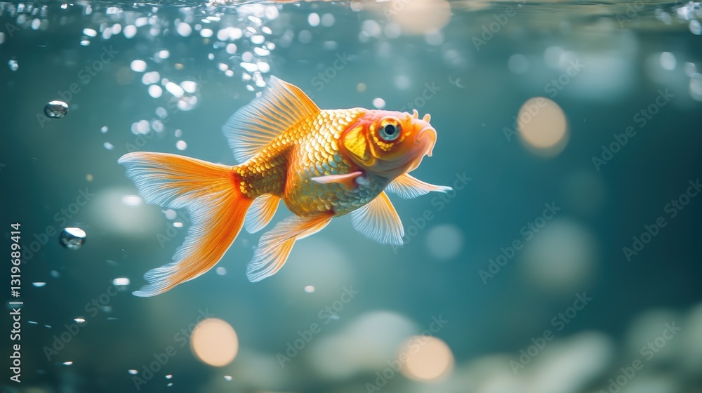 Vibrant goldfish underwater with bubbles and soft light Vibrant goldfish underwater with bubbles and soft light