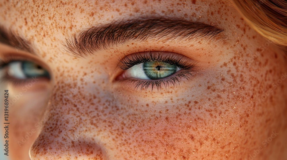 Freckled woman's eye close-up, sunlit skin Freckled woman's eye close-up, sunlit skin