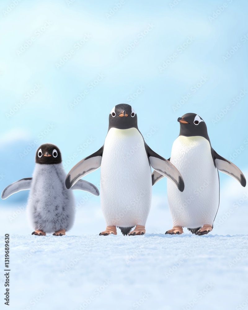 Fototapeta premium Playful Penguin Family on Snowy Antarctic Terrain with Baby, Parent Birds. Happy Penguin.