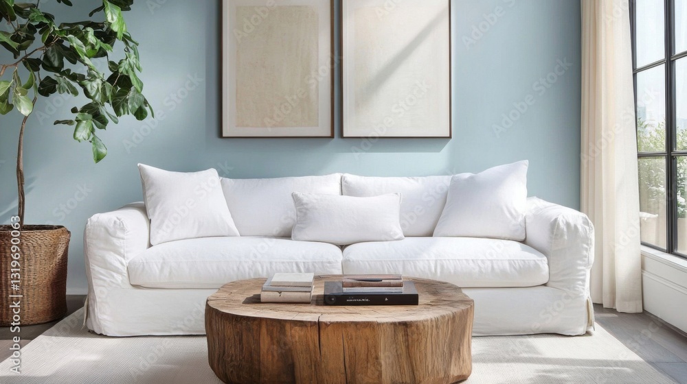 Fototapeta premium a living room with a white couch and a coffee table