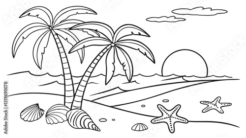 Tropical Beach Outline – Bold Line Art for Kids’ Coloring, Beach Coloring Page – Easy Ocean Scene for Kids, Bold Outline Vector – Tropical Beach with Palm Trees, Kids coloring book page
