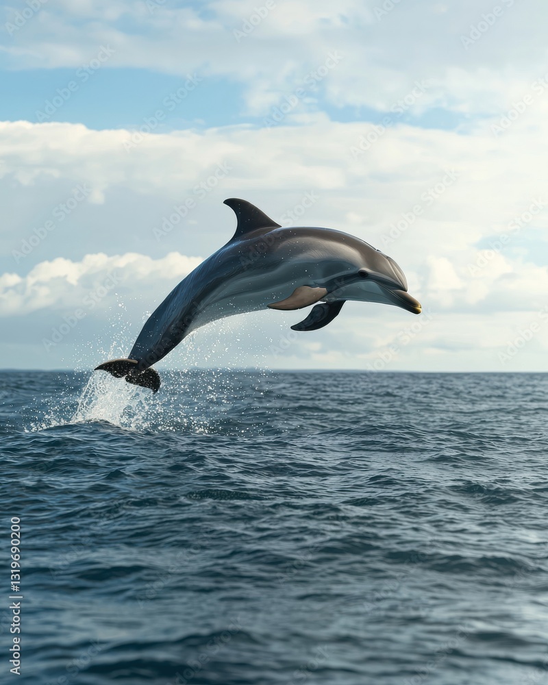 Obraz premium Playful Dolphin Leaps Joyfully Out of Ocean Water Against a Sky with Clouds, Aquatic Mammal Wildlife