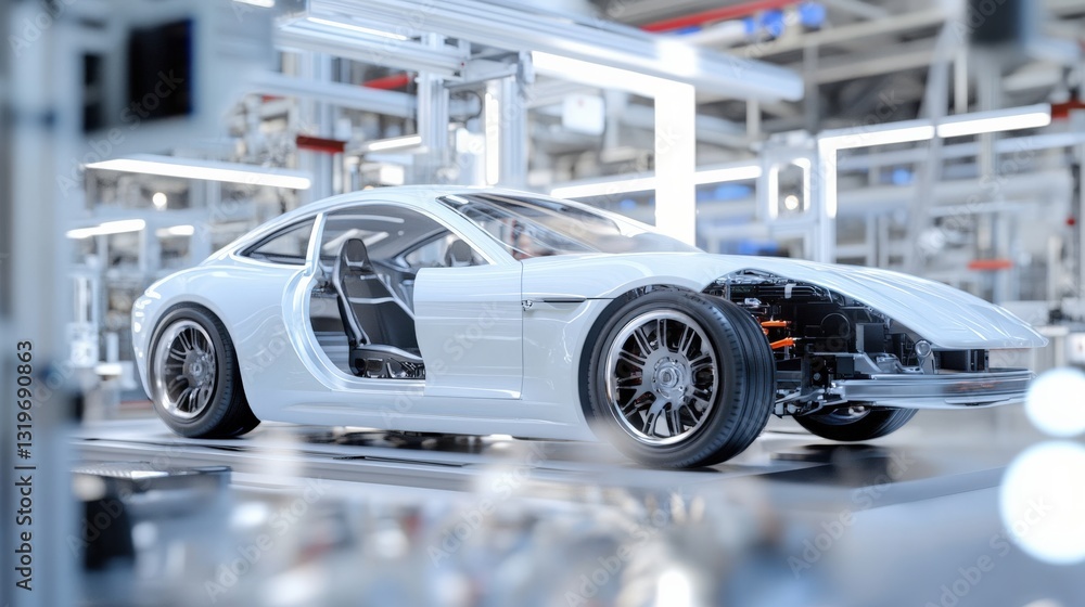Fototapeta premium Innovative car manufacturing process automotive factory 3d rendered image industrial environment close-up view engineering concept