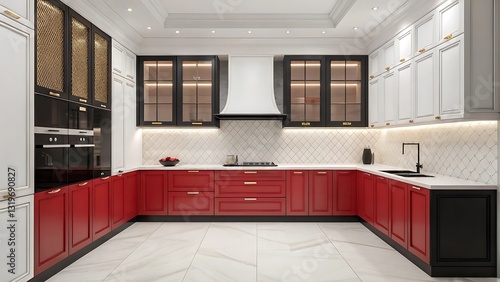 Wallpaper Mural Modern Luxurious Kitchen Design with Red Cabinets Black Marble Accents and Gold Fixtures Torontodigital.ca