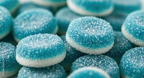 A close-up of blue and white sugary gummy candies in scattered arrangement