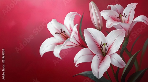 Elegant White Lilies with Pink Accents on Red Background – Botanical Floral Illustration