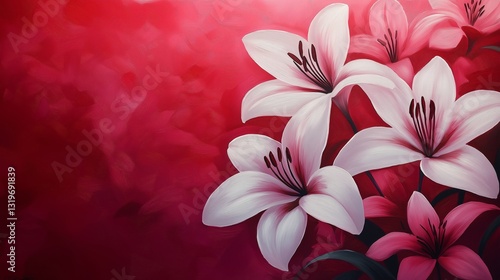 White and Pink Lilies on Deep Red Background – Elegant Floral Art Illustration