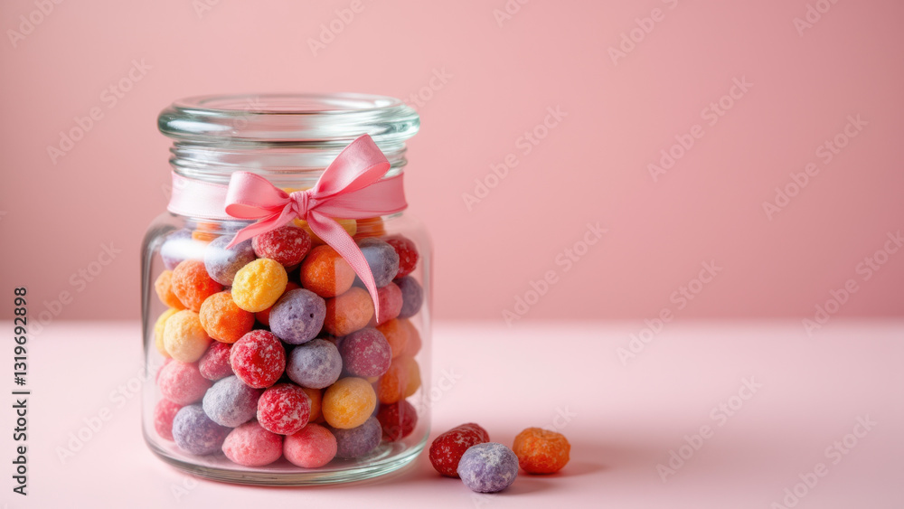 A glass jar containing dye-free gummy candy with a pink ribbon around its neck, set against a neutral background. There are also individual candies scattered outside of the jar. A glass jar containing dye-free gummy candy with a pink ribbon around its neck, set against a neutral background. There are also individual candies scattered outside of the jar.