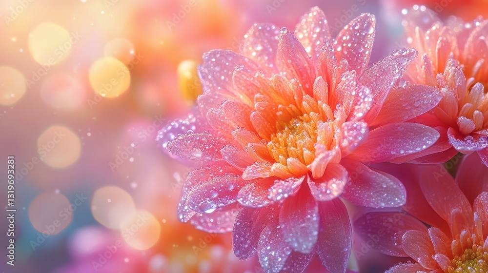 Dew-kissed pink chrysanthemums with bokeh light background Dew-kissed pink chrysanthemums with bokeh light background