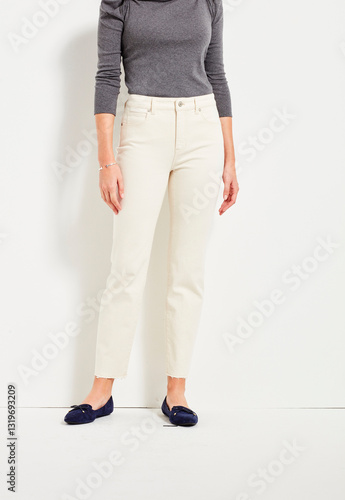 Casual Summer Pants Women High Waist Trousers for Women, Casual blue denim for women’s paired with beautiful pair of heels and white background