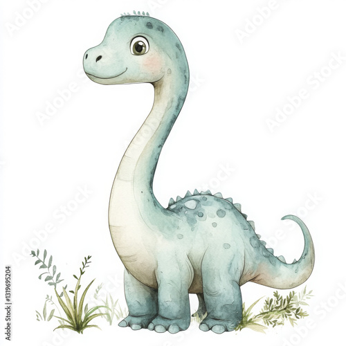 A cartoon dinosaur with a smile on its face stands in a field of grass