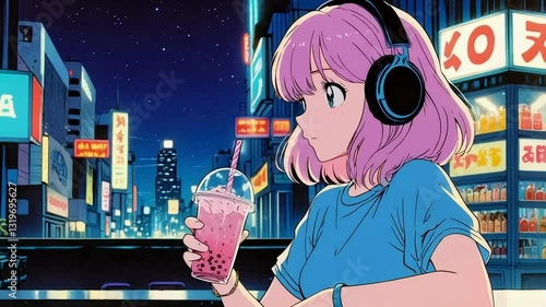 Lofi animation. Seamless loop. Girl listening music watching sky, anime girl lofi animation Assets were created with the help of an AI and then were manually modified and animated.