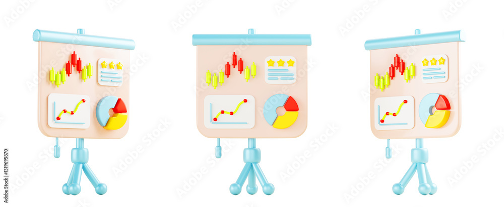 Fototapeta premium 3d set of flipchart with infographic charts and diagrams front side view. Whiteboard on tripod for business presentation of statistics and analytics data. Cartoon isolated render icon