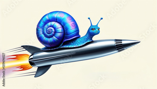 Snail on a rocket. Patience vs. speed. Funny quirky conceptual imagery.