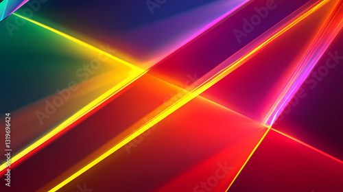 A futuristic color prism backdrop with angular prisms refracting vivid rainbow colors, with rays of light forming abstract patterns on a sleek, dark gradient background. Prism Light. Illustration