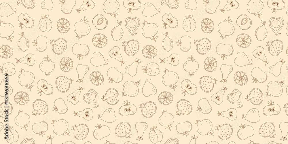 Pattern of slices, whole fruits. Line art drawing. Simple abstract fruits with leaves. Vitamin natural vegetarian food, garden harvest. Seamless background. Pattern of slices, whole fruits. Line art drawing. Simple abstract fruits with leaves. Vitamin natural vegetarian food, garden harvest. Seamless background.