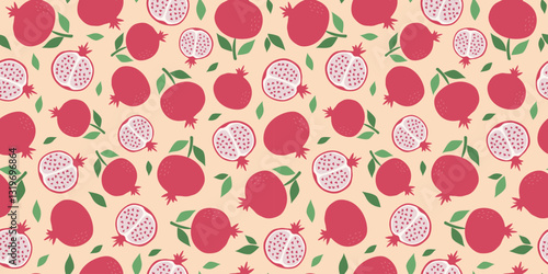 Pomegranate, fruits. Simple abstract seamless pattern. Slices and whole fruits. Vitamin natural vegetarian food. Color flat illustration. Repeating background, wallpaper decor