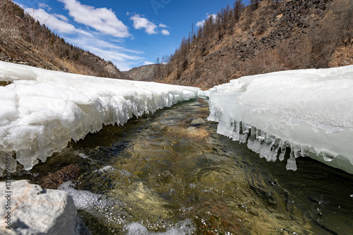 melted ice on a clear mountain river in spring