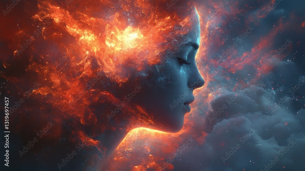 Surreal female portrait with fiery elements and cosmic background Surreal female portrait with fiery elements and cosmic background