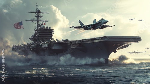 Aircraft Carrier at Sea, Jet Launching, Ocean, Clouds, Military Action, War, Defense, Power, Patriotism, Stock Photo