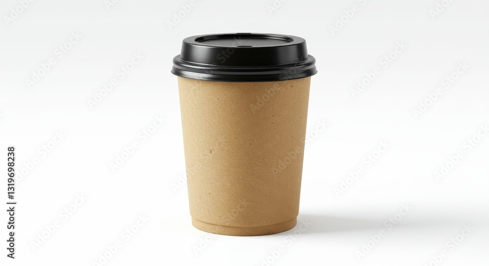 A simple eco-friendly takeaway coffee cup made of brown kraft paper with a black plastic lid isolated on white background A simple eco-friendly takeaway coffee cup made of brown kraft paper with a black plastic lid isolated on white background