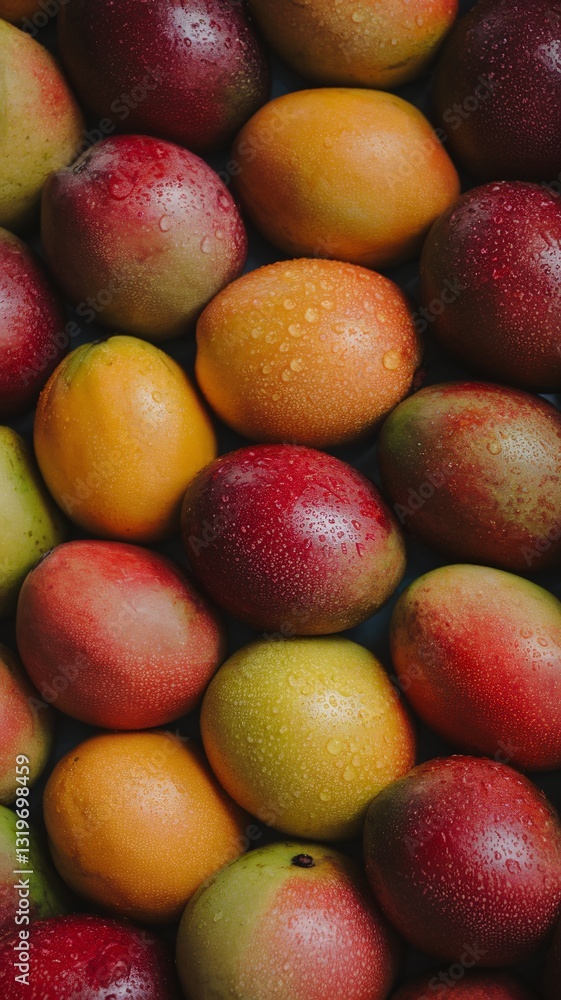 Colorful arrangement of fresh mangoes with droplets, showcasing vibrant shades of red and yellow. Colorful arrangement of fresh mangoes with droplets, showcasing vibrant shades of red and yellow.