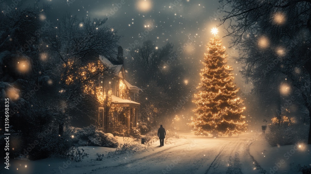 Snowy winter evening with illuminated christmas tree and male figure in winter wonderland Snowy winter evening with illuminated christmas tree and male figure in winter wonderland