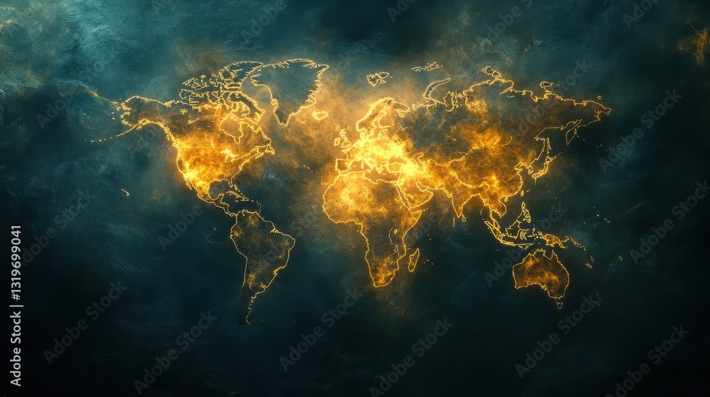 Obraz premium Abstract world map with fiery glowing lines on dark background