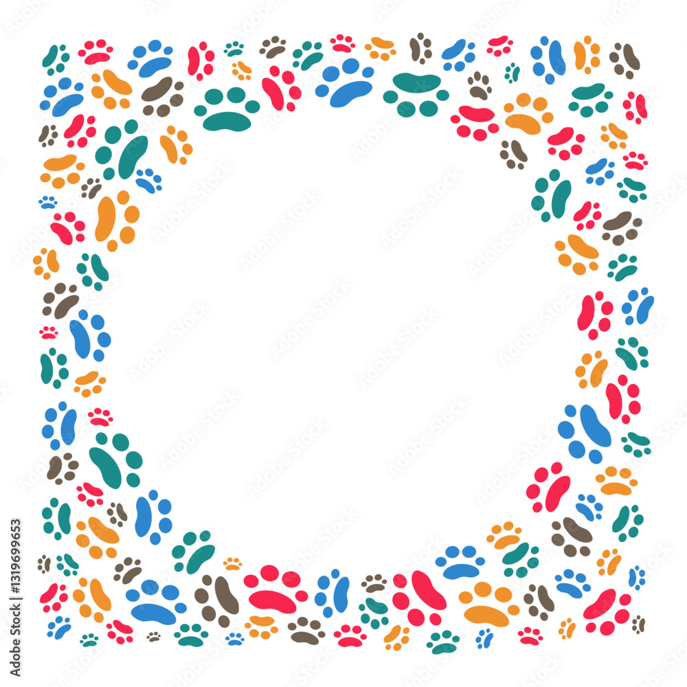 Frame, border of cartoon animal tracks, paw prints by pets. Vector background for print design. Card with place for text. Pet products. Banners with notification about pet. Background isolated. Frame, border of cartoon animal tracks, paw prints by pets. Vector background for print design. Card with place for text. Pet products. Banners with notification about pet. Background isolated.