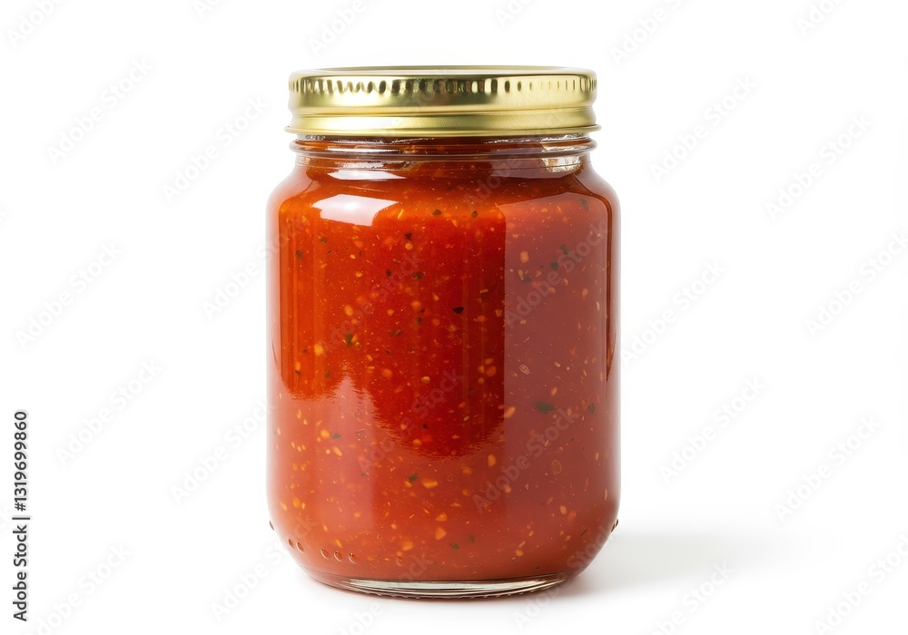 A transparent glass jar with a gold lid filled with thick vibrant red tomato sauce with visible herb flecks A transparent glass jar with a gold lid filled with thick vibrant red tomato sauce with visible herb flecks