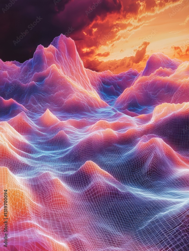 Fototapeta premium Line grid digital representation of mountains or clouds in a futuristic landscape