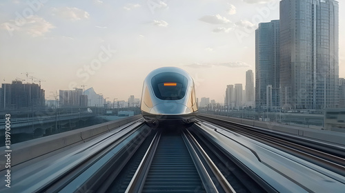 Modern Silver And Gold Train Approaching On Elevated Tracks In Urban Cityscape With Dubai Skyline During Sunset