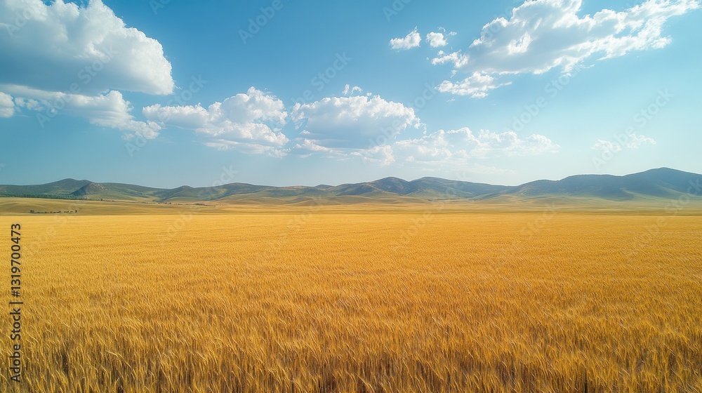 Golden wheat field under blue sky with rolling hills in the distance Golden wheat field under blue sky with rolling hills in the distance